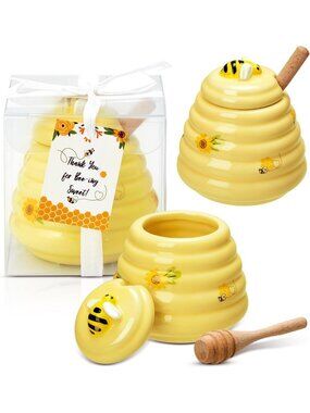 12 Pcs Bee Themed Baby Shower Favors - Ceramic Honey Jars & Dippers Gift Set